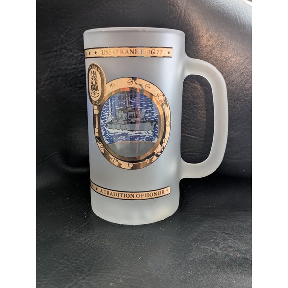 USS O'Kane DDG 77 Frosted Glass Beer Stein Navy Destroyer Mug Gold Trim 6in - Picture 4 of 10
